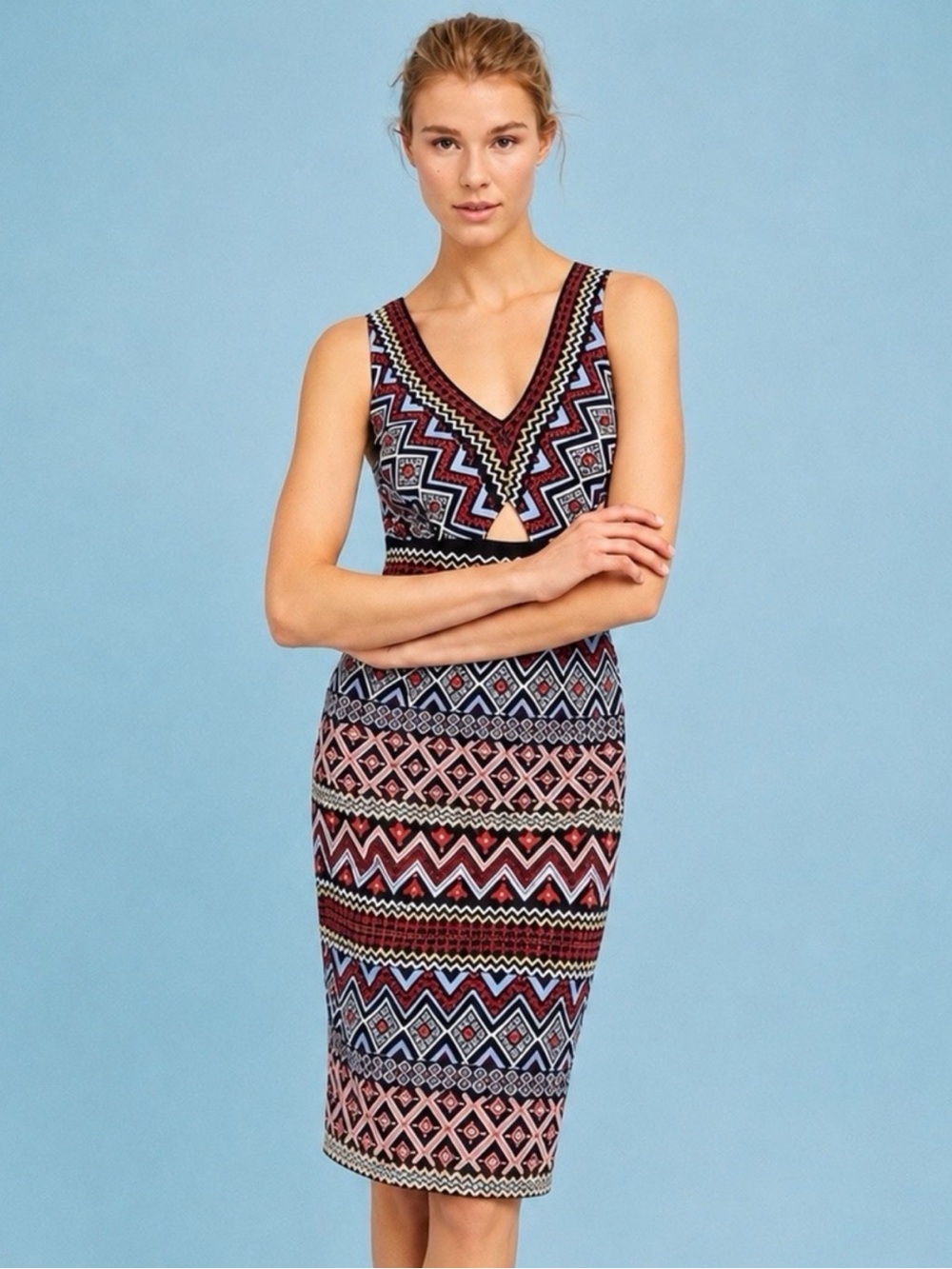 Anthropologie Akemi + KinSleeveless V-Neck Geo Print Bodycon Dress Multi-Color